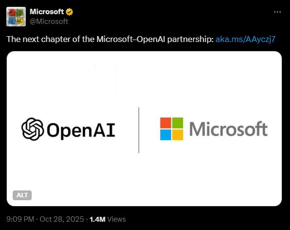  微軟在官方 X 上表示，這是雙方合作的新篇章。圖：翻攝自 X《Microsoft》