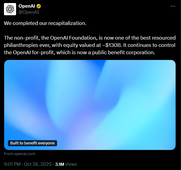 OpenAI 在 X 上的宣布內容。圖：翻攝自 X《OpenAI》