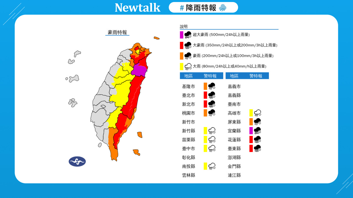 快訊》13縣市超大豪雨特報 氣象署:防山洪