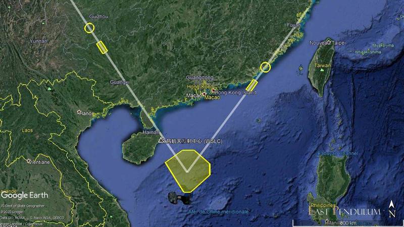  2020年8月，解放軍對南海靶場發射東風-26（左側線圖，發射地據稱為青海）及東風-21D（右側線圖，發射地據稱為浙江）。 圖：翻攝Henri Kenhmann推特 