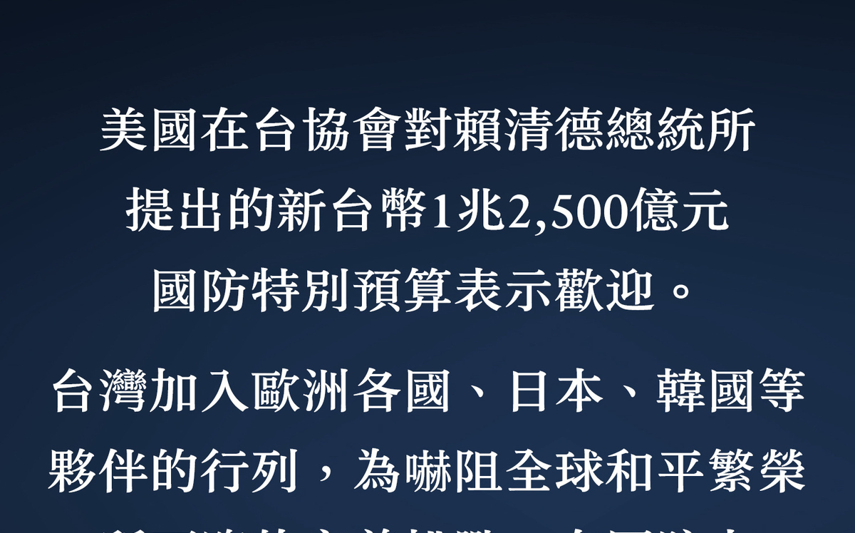 歡迎賴清德提1.25兆國防特別預算  AIT處長：盼台灣各黨找到共同立場
