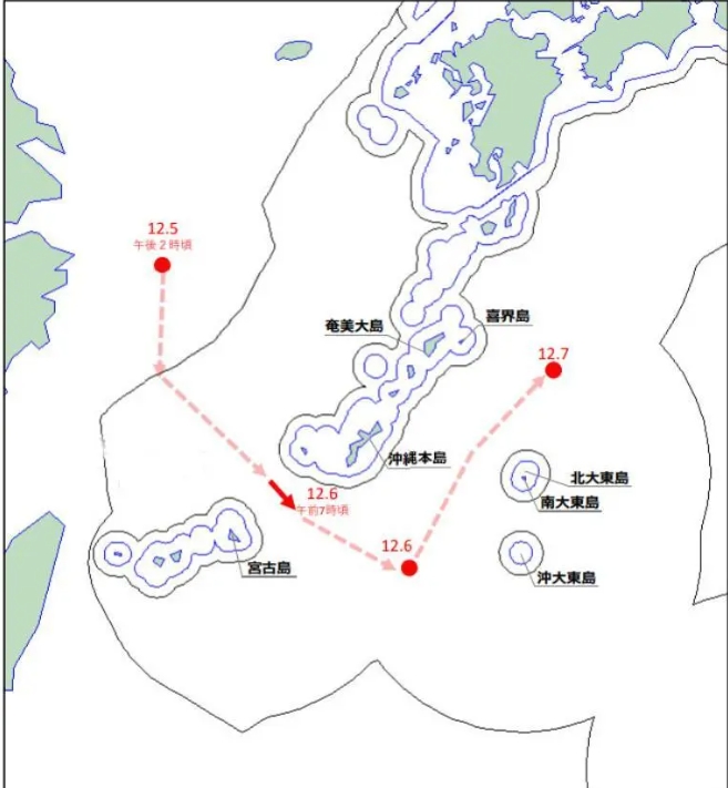  中國遼寧艦戰鬥群突然掉頭北上，史無前例逼近日本本土，圖為行駛路線 圖 : 翻攝自環球譯視 
