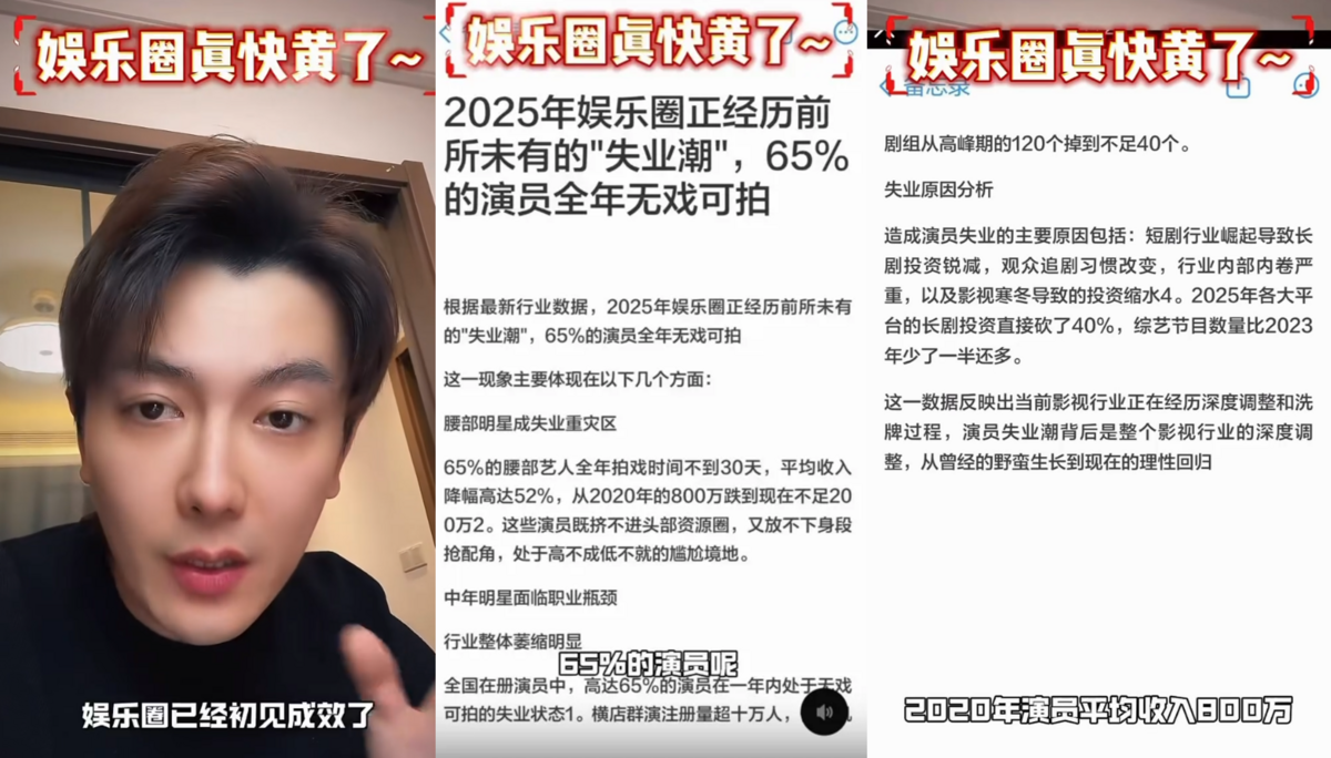  李亭哲揭露數據指出，2025年中國娛樂圈出現前所未有的失業潮，估有65％的演員全年無戲可拍 圖：翻攝自網路 