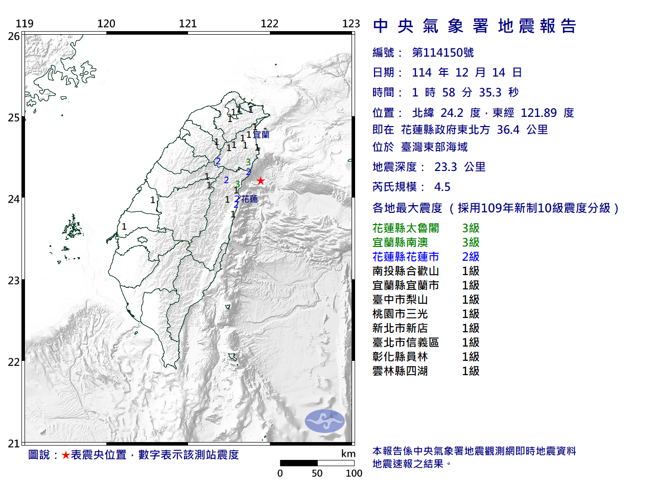 快訊》01:58臺灣東部海域發生規模4.5有感地震 最大震度花蓮縣太魯閣、宜蘭縣南澳3級