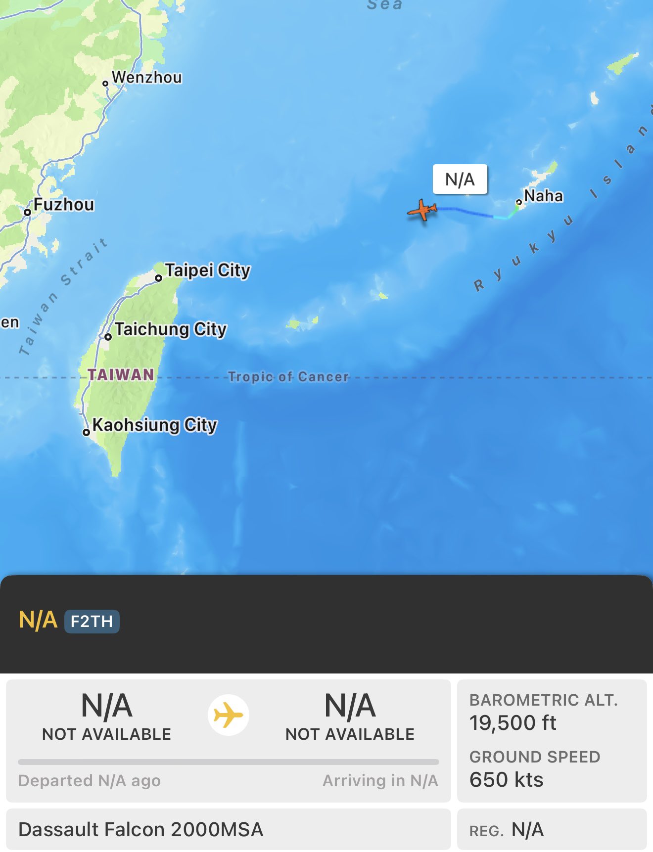 一架隸屬日本海上保安廳的達梭獵鷹 2000MSA 海上監視機，已自沖繩那霸基地起飛，朝台灣西南方向飛行。 圖:翻攝自X帳號@sentdefender