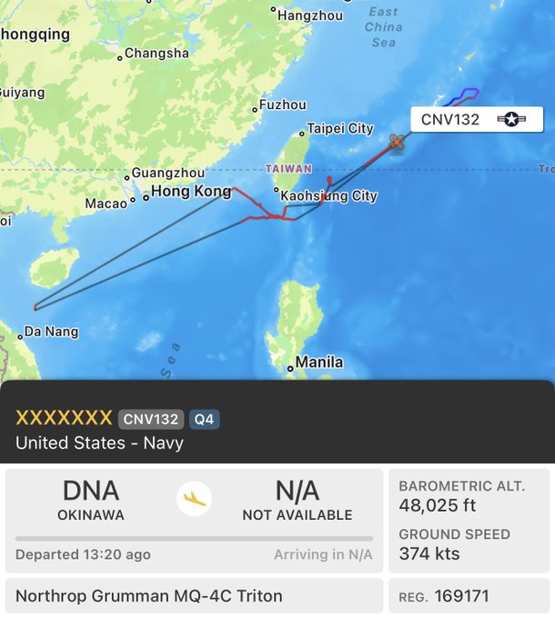 另有一架美國海軍 MQ-4C「海神」高空偵察無人機，在中國南部沿海與台灣周邊執行數小時巡航後，返回日本沖繩嘉手納空軍基地，顯示美日已密切監控共軍動態。 圖:翻攝自X帳號@sentdefender