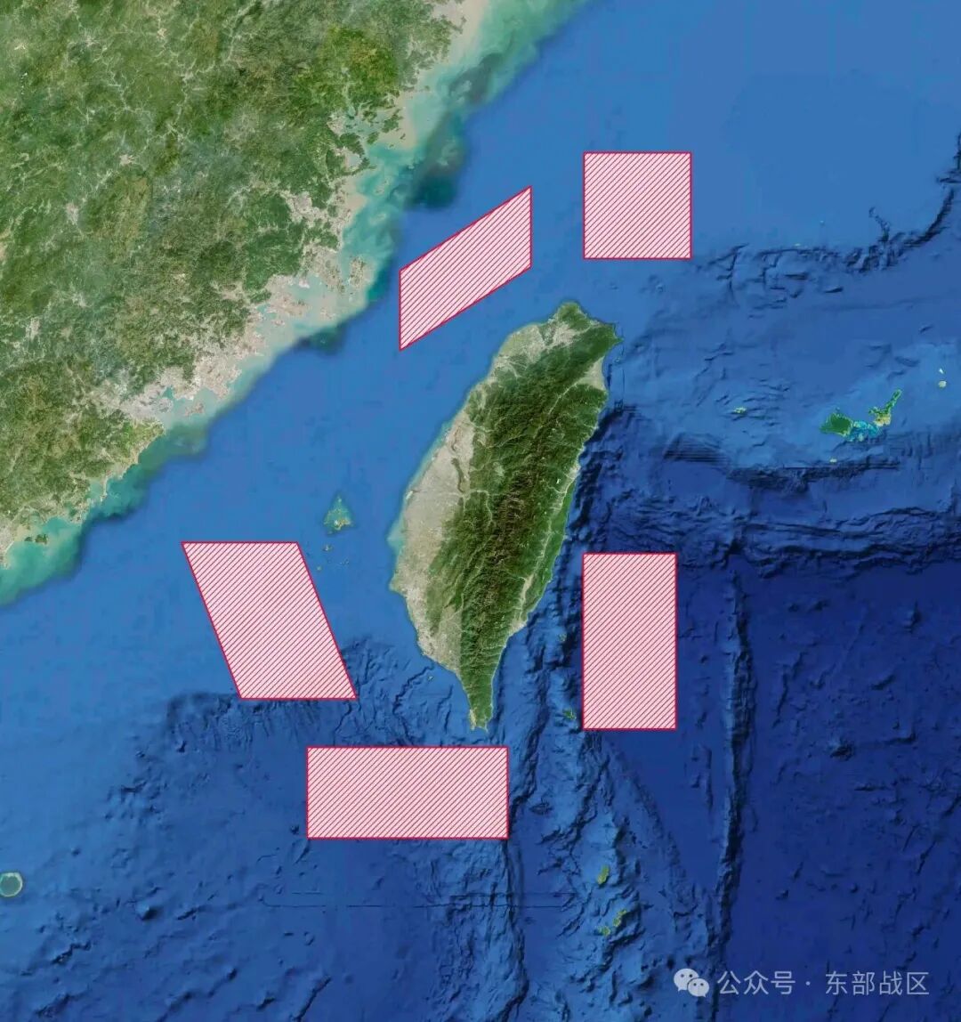  解放軍劃定的 5 個演習區，有數個相當接近領海處。圖：翻攝自央視網