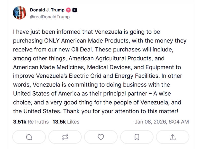 委美達原油協議 川普:委內瑞拉交易收入將買美產品