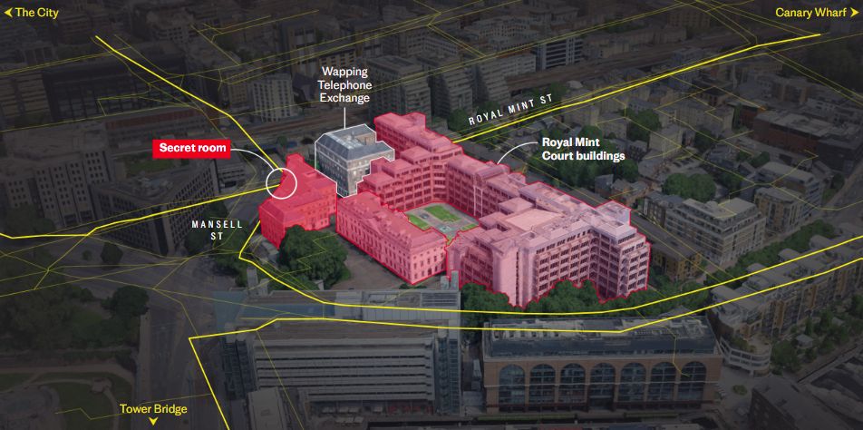  中共駐倫敦「超級大使館」項目設計圖顯示，建築群地底將興建多達208個隱蔽房間，其中部分密室距離承載英國核心金融數據的光纖電纜僅約一公尺。 圖：翻攝自 X Politics UK 