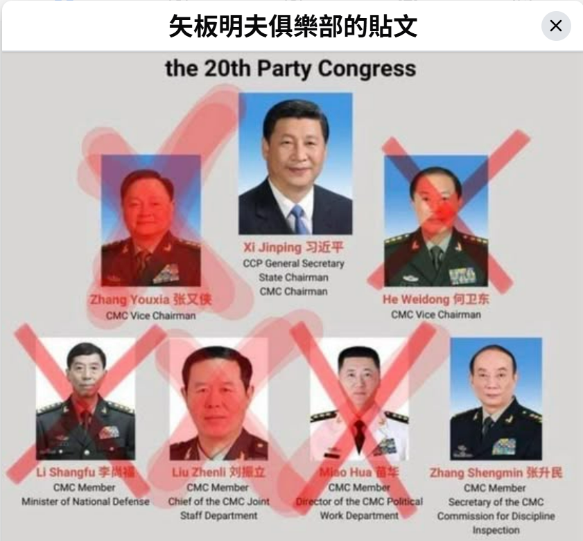  矢板明夫臉書貼出中共二十大後中央軍委合成圖，多名高層被畫上紅叉，點出解放軍高層接連遭清洗的權力動盪。 圖:翻攝自矢板明夫俱樂部臉書 