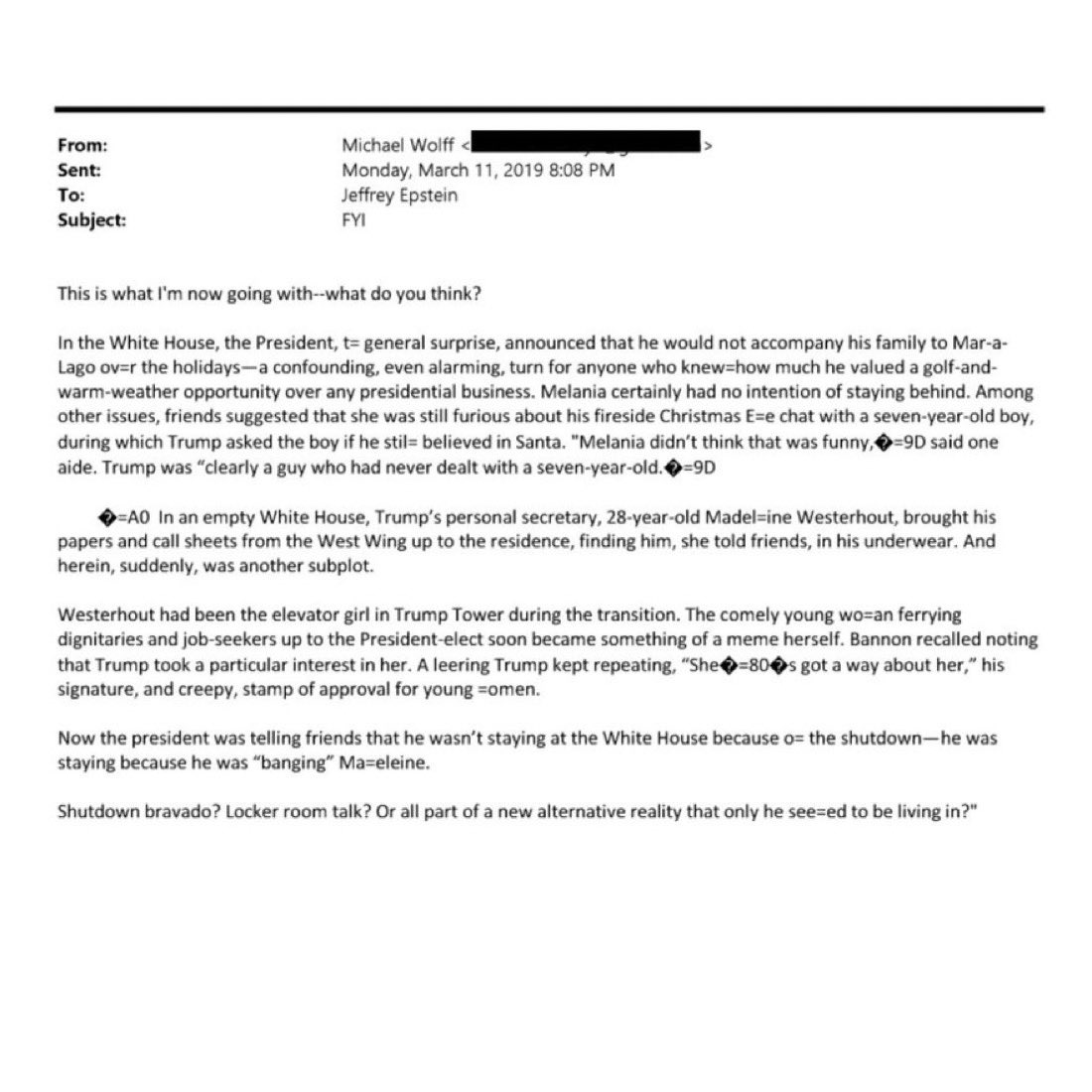  艾普斯坦檔案中一封郵件草稿聲稱川普曾向友人吹噓與秘書瑪德琳·韋斯特豪特的親密關係。 圖：翻攝自 X @TheMaineWonk 
