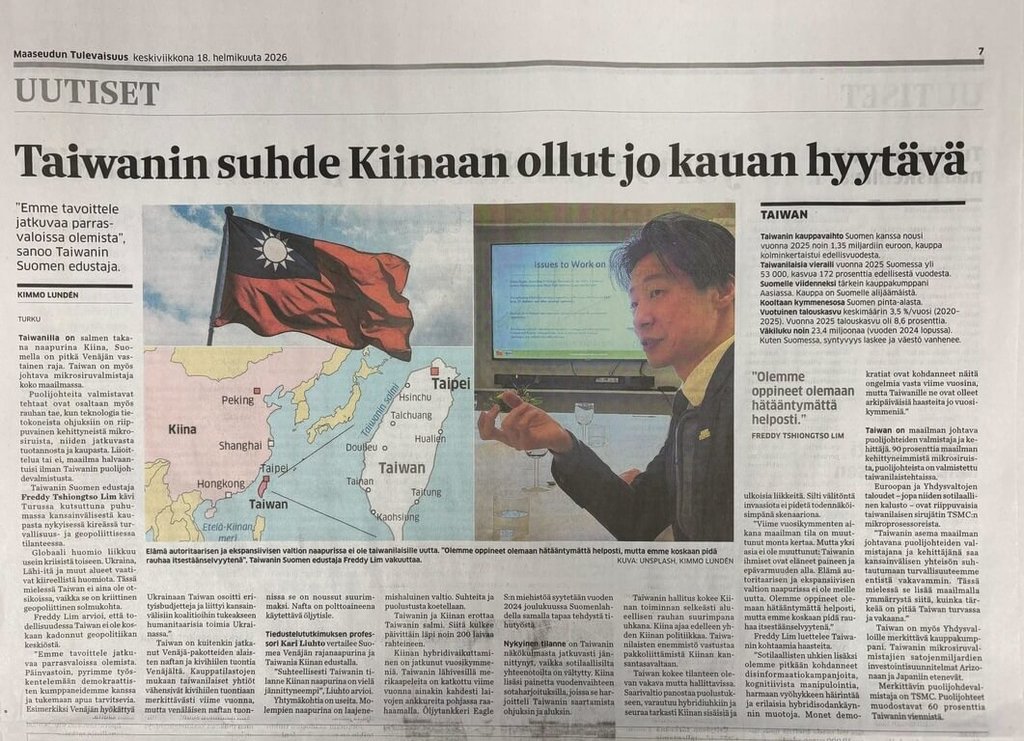 林昶佐再登芬蘭大報 談台芬經貿和民主韌性