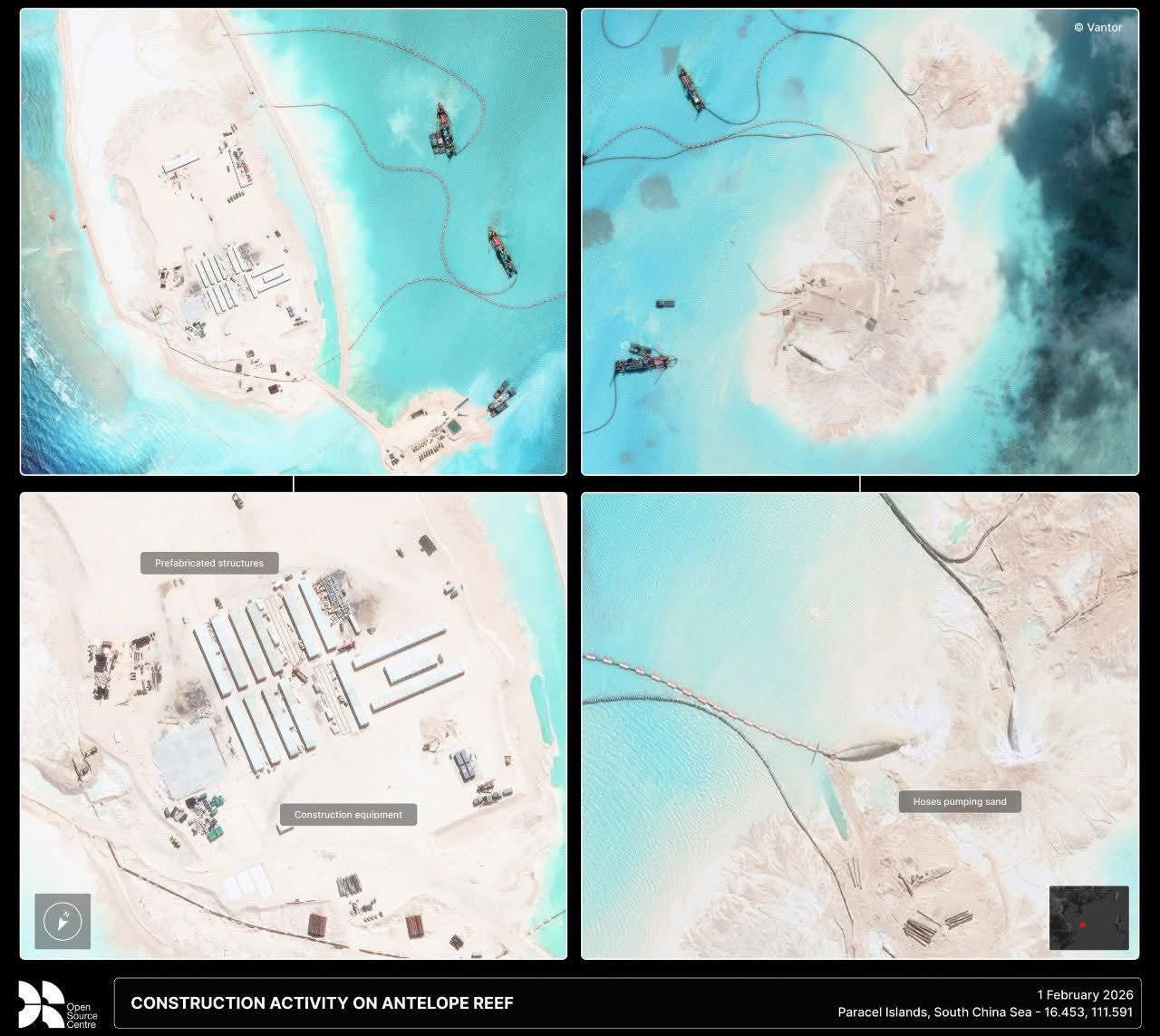 中國在南海羊角礁上，短短三個月內建成人工軍事基地，約 22 台挖泥船參與作業，島上設有混凝土工廠。 圖:翻攝自X帳號@NiKiTa_32156