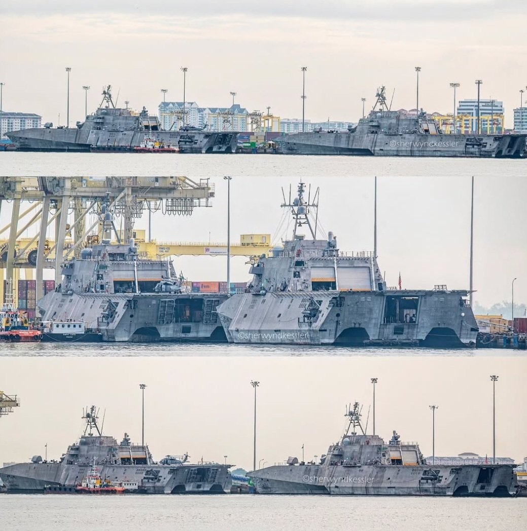  美國海軍派駐巴林第五艦隊配備掃雷模組、執行波斯灣反水雷任務的獨立級濱海戰鬥艦「土爾沙號（LCS-16）」及「聖塔芭芭拉號（LCS-32）」。 圖：翻攝「X」@polietzz 