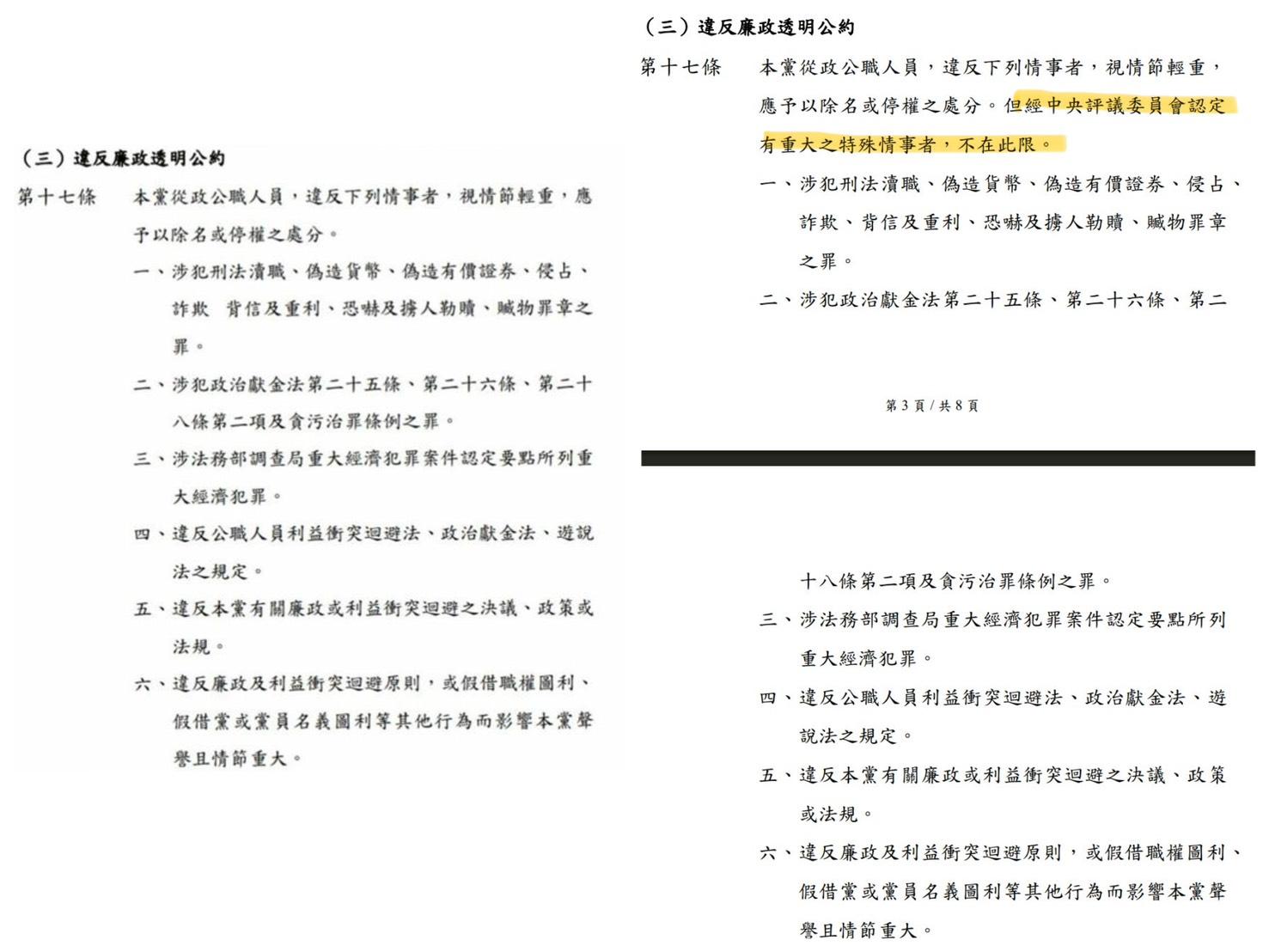  民眾黨《紀律評議裁決準則》第17條前後兩種版本。 圖：新頭殼合成照 