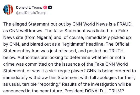  川普認為，《CNN》轉載的聲明源自奈及利亞的一個假新聞網站，批評相關報導是「徹頭徹尾的騙局」。 圖：翻攝自 @BreakingAlert_ X 帳號 