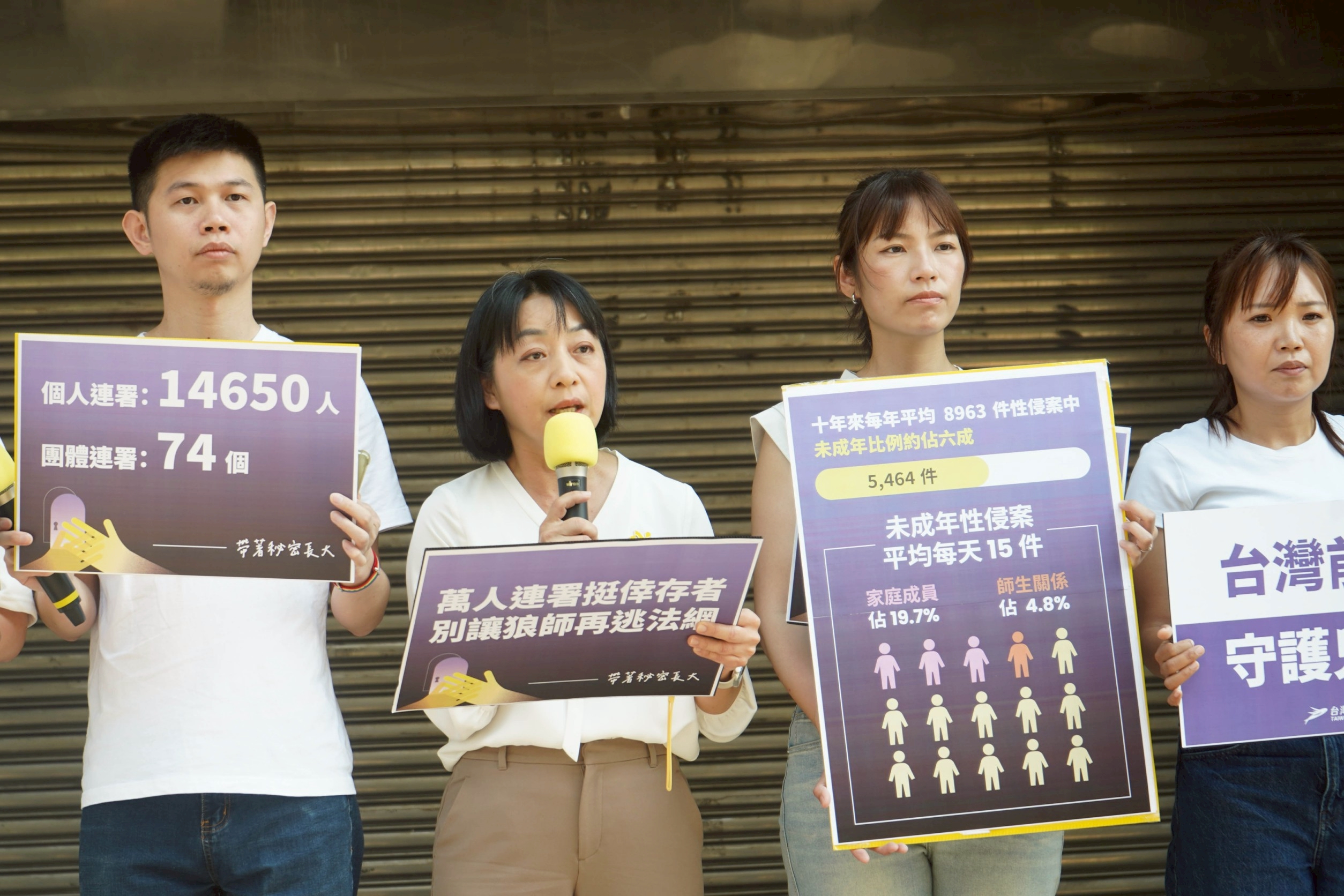  時代力量黨主席王婉諭指出，台灣每年有近萬件性侵案、兒少性侵案便佔5,600 件，等於平均一天有15個兒童遭到性侵，其中便有一個連小學都還沒有畢業。 圖：時代力量 提供 