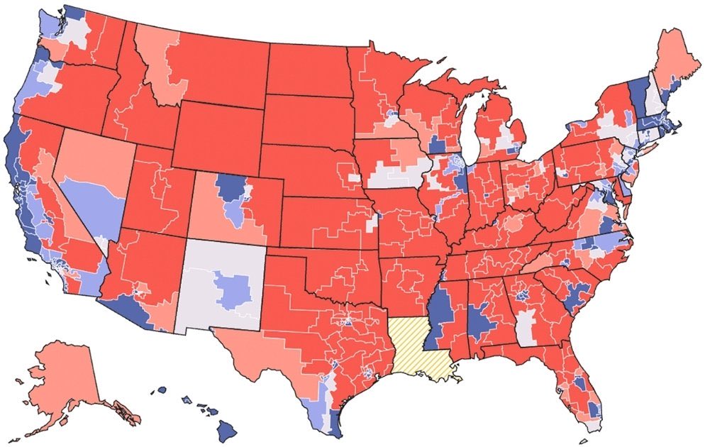  根據《FiveThirtyEight》最激進模擬，一旦共和、民主兩黨都不顧一切操縱選區，並讓執政州政府極限壓榨席次利益，最終美國眾議院恐出現「共和黨 262 席、民主黨 173 席」的懸殊局面。 圖:翻攝自X帳號@LPX2019 