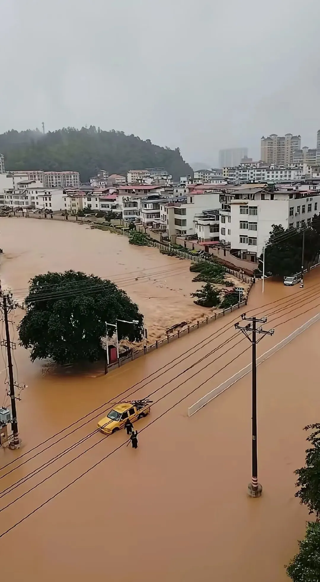  江西贛州一處縣城街道嚴重積水，道路已遭洪水完全淹沒。 圖:翻攝自鳳凰網 