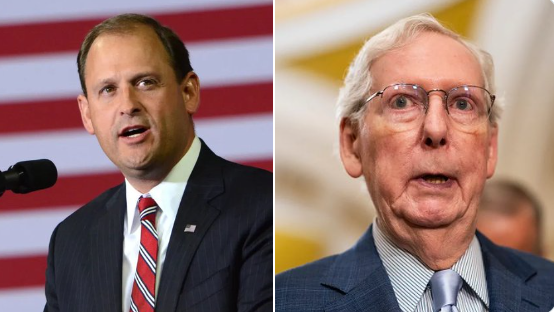 川普支持的肯塔基州共和黨眾議員安迪·巴爾（Andy Barr）(左)以 61.3% 得票率勝出初選，接替即將退休的參議員米奇·麥康奈爾（Mitch McConnell）所留下的政治空缺。 圖:翻攝自X帳號@CaoChangqing(新頭殼合成)