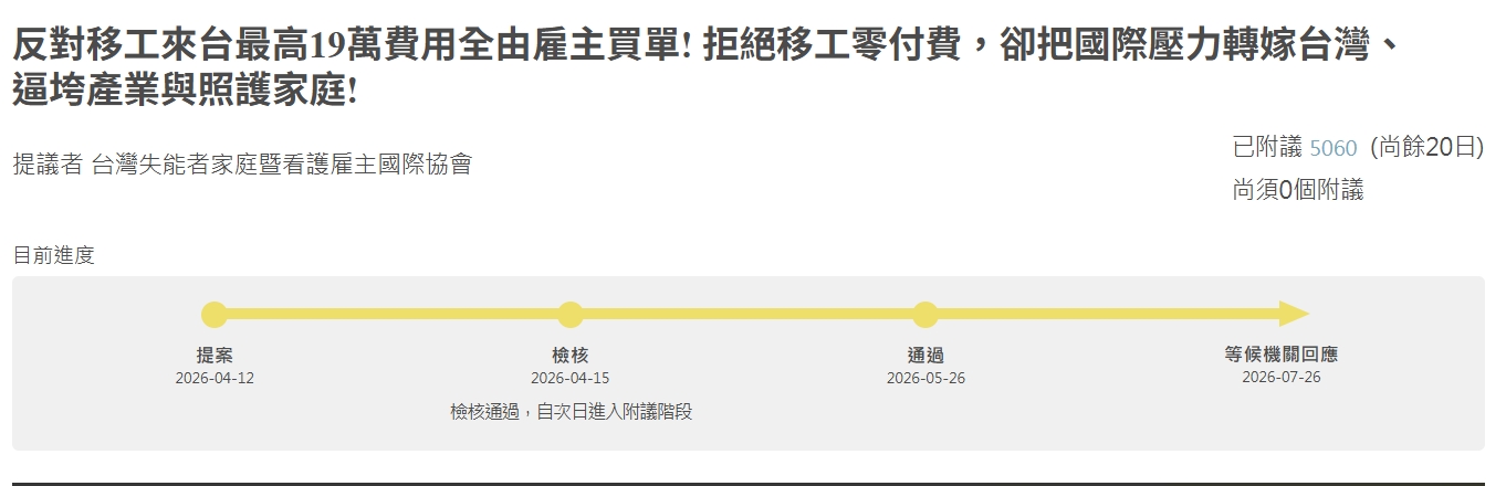  「拒絕移工零付費」連署跨過附議門檻。 圖：翻攝自 公共政策網路參與平台 