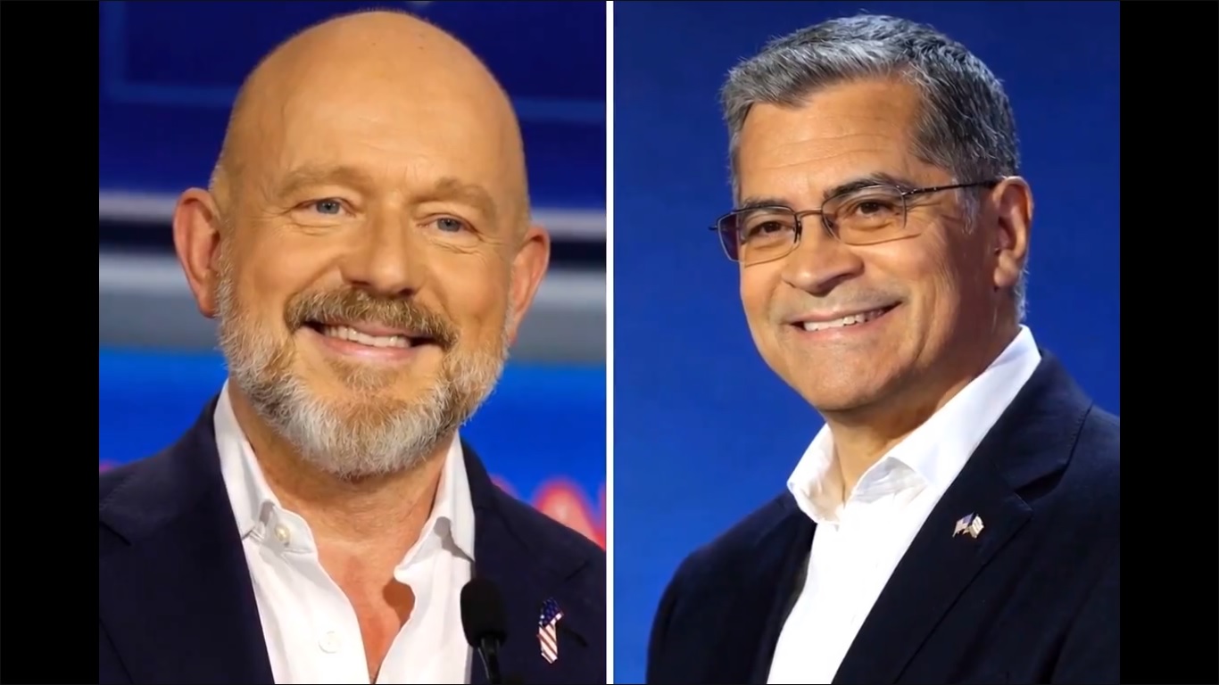  美國加州近期舉行州長初選，雖然尚未開完所有選票，民主黨候選人貝塞拉(右)後來居上領先共和黨候選人希爾頓(左)，川普怒控民主黨「偷票」。 圖：擷取自 @Bubblebathgirl X 分享影片 