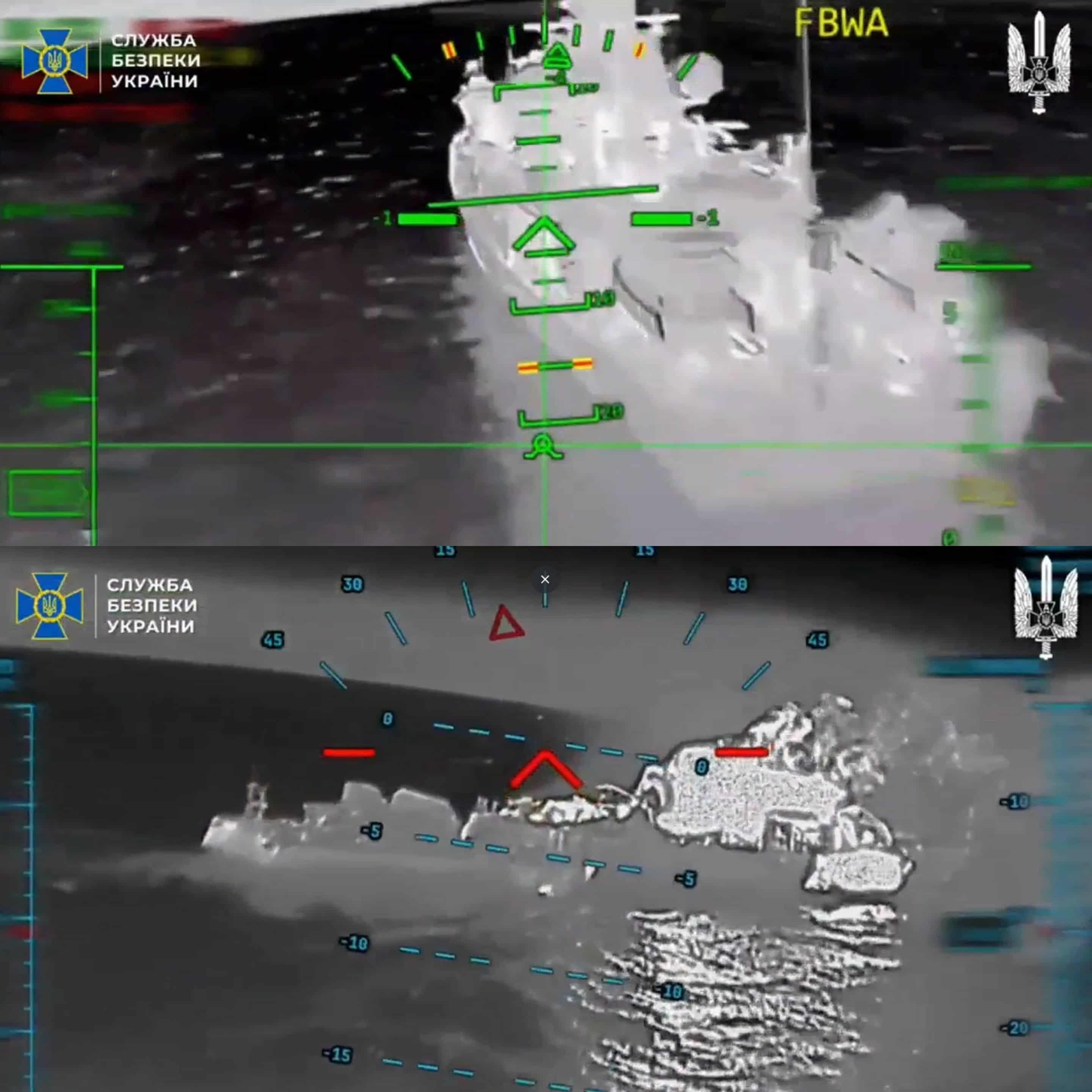 遭襲艦艇包含10410型「斯維特里亞克」巡邏艇(上)，以及 21630 型「布揚」級艦艇，兩艘艦均在攻擊後陷入火海。 圖:翻攝自X帳號@NOELreports(新頭殼合成)