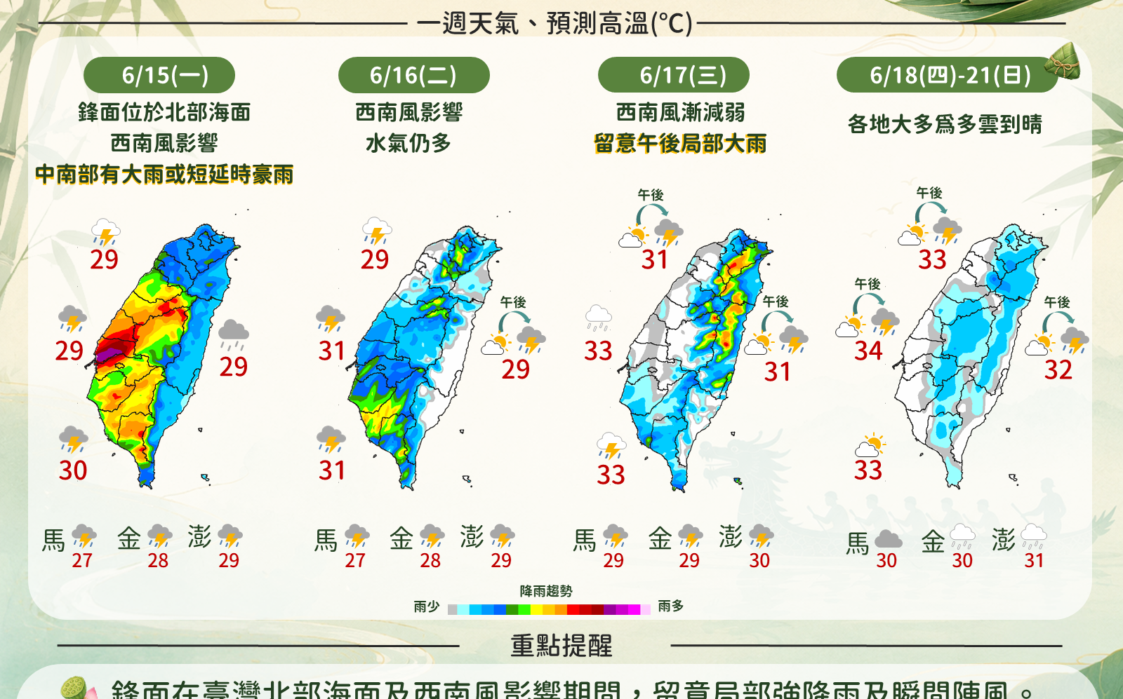 端午連假天氣一圖看!氣象署示警:中南部先大雨後高溫