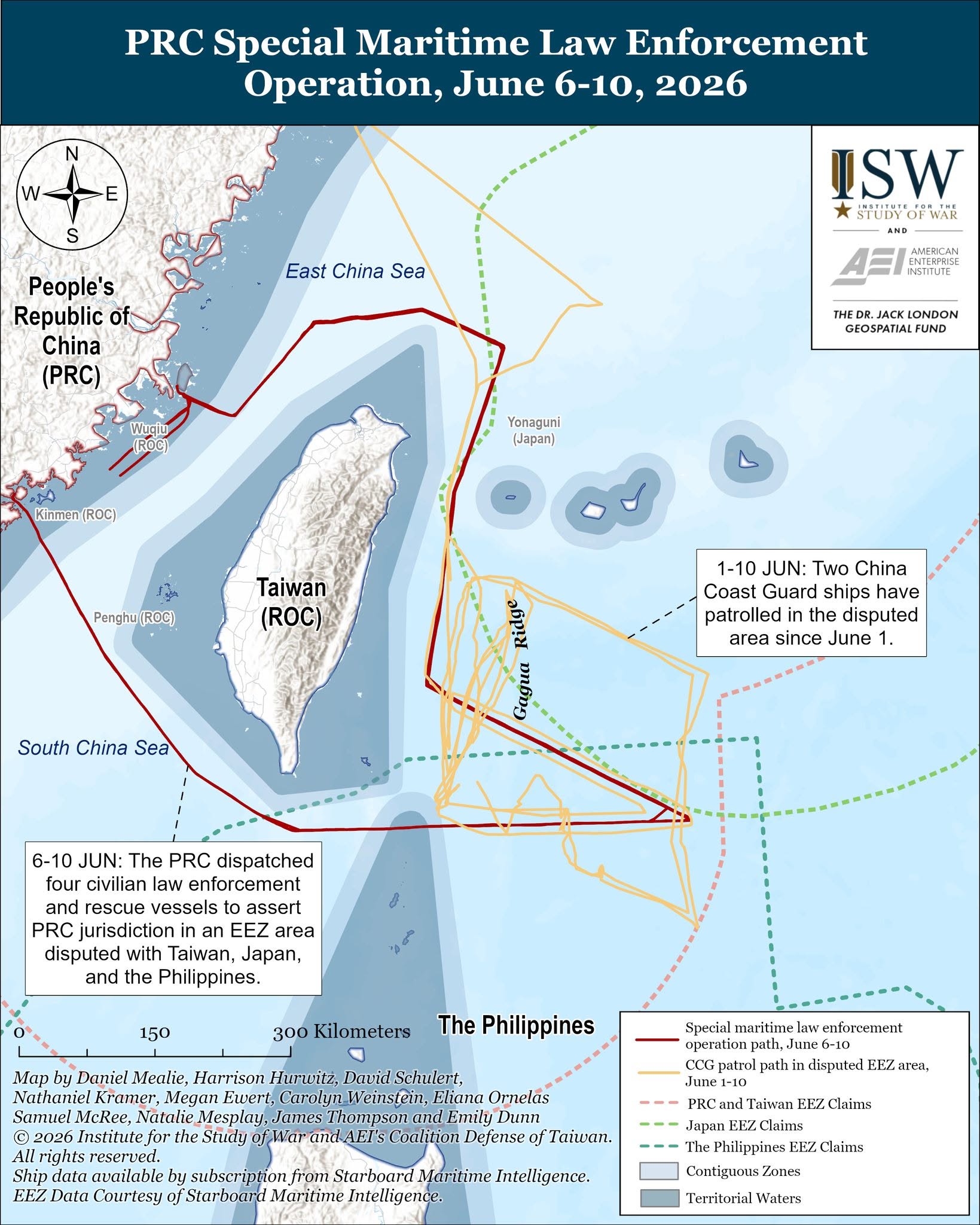  美國智庫「戰爭研究所」（ISW）與美國企業研究所（AEI）聯合發布的《中國與台灣更新報告》（2026年6月12日）。詳載6月6日至10日，中國交通運輸部發起「台灣島東部海域海上交通專項執法和掃測行動」。 圖：翻攝understandingwar.org 