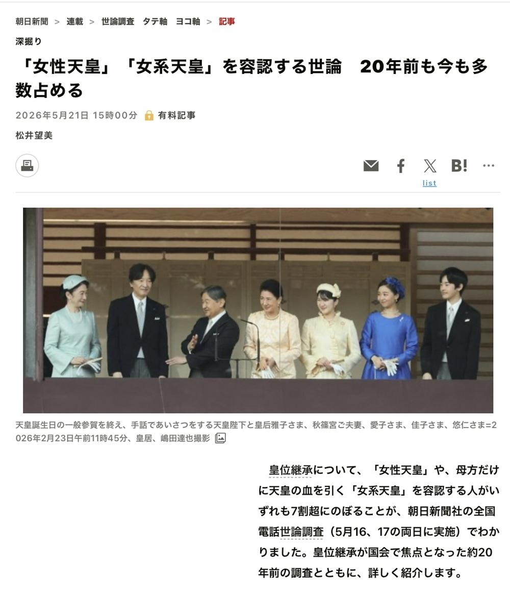 朝日新聞調查顯示93%的人贊成女性天皇，7成以上贊成女性天皇及女系天皇，而且在20年前就有過半贊成女性天皇及女系天皇。 圖：攝自朝日新聞 