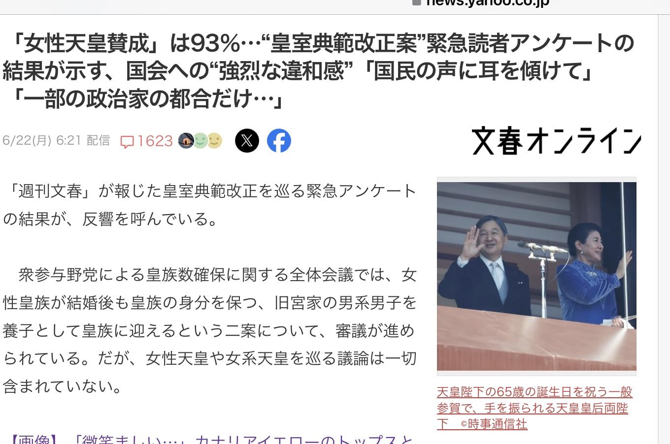  文春調查顯示93%贊成女性天皇，89%贊成女系天皇。 圖：攝自週刊文春 