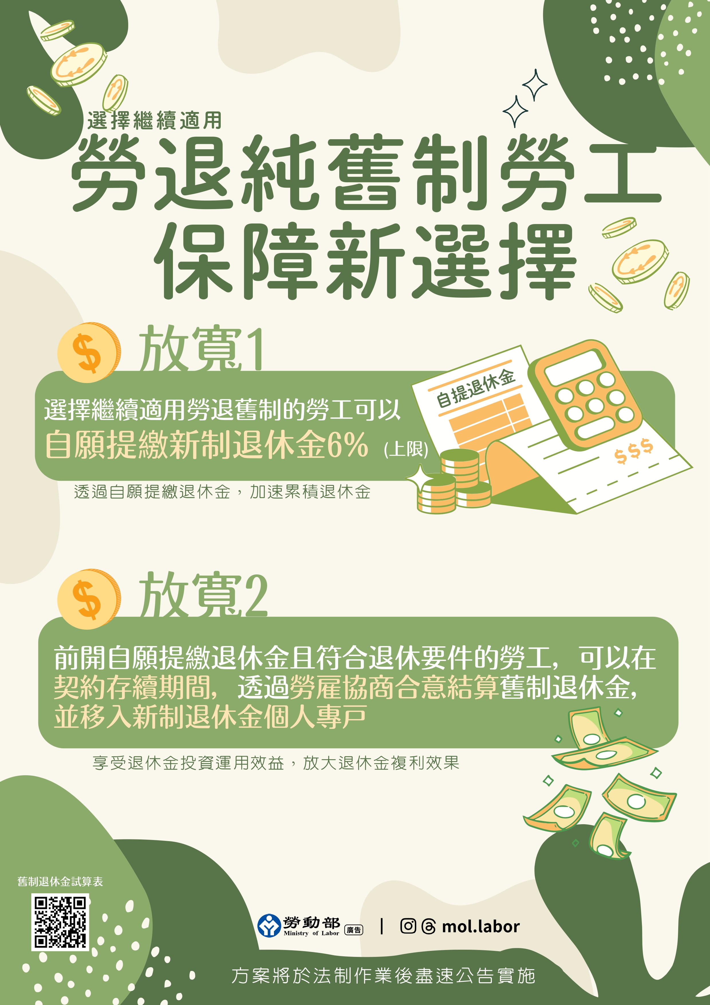  「勞退純舊制勞工自願提繳及提前結存退休金」方案放寬兩大措施。 圖：勞動部 提供 