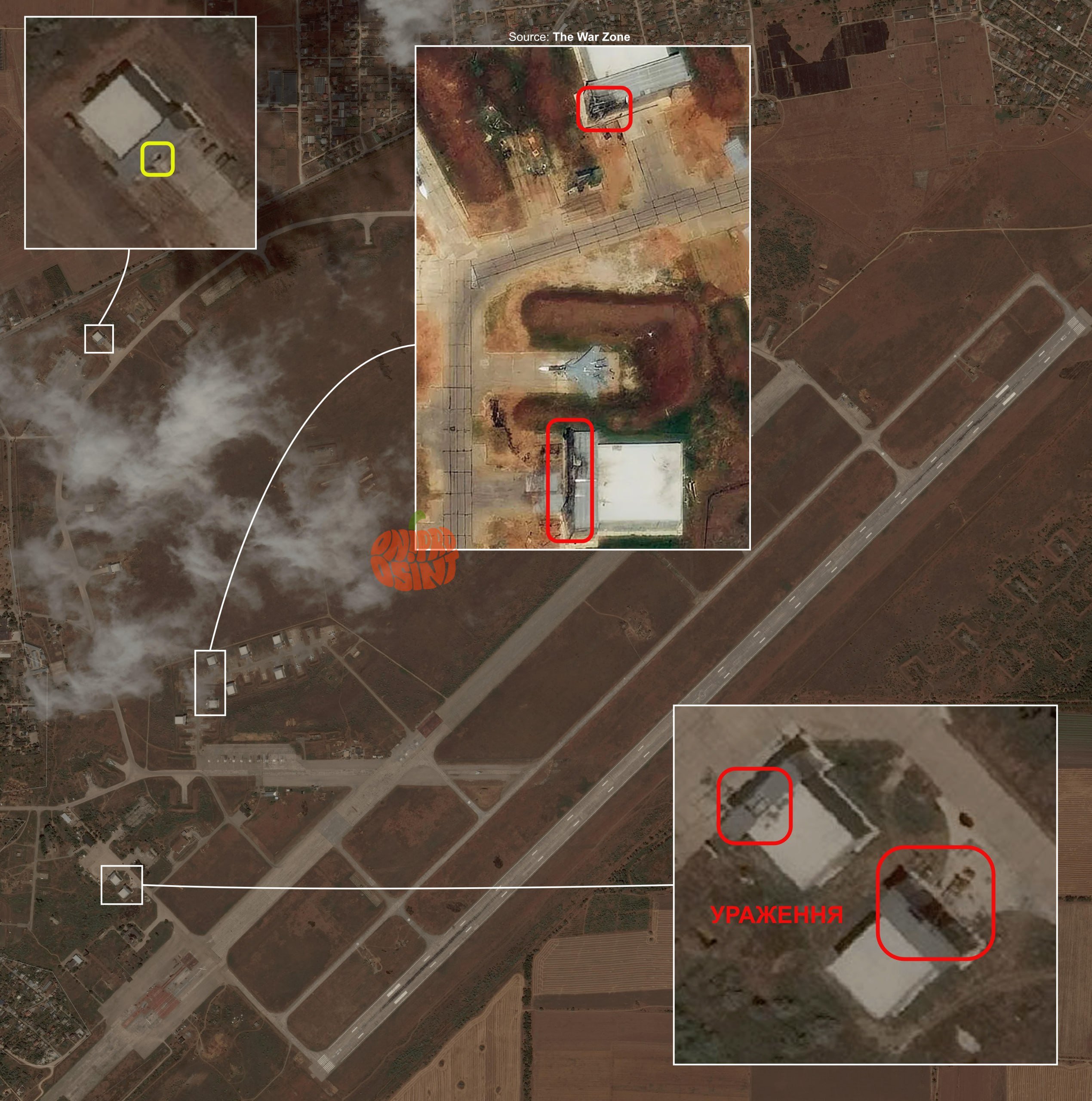  衛星影像顯示，位於克里米亞的俄軍薩基（Saky）空軍基地至少有 5 座機堡遭無人機擊中。 圖：翻攝自 X NOELREPORTS 