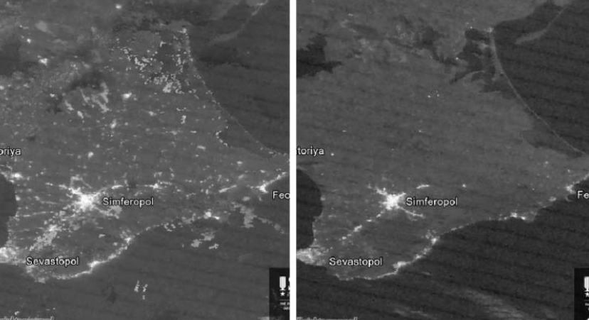 克里米亞的衛星比對圖顯示，遭到烏軍攻擊發電站，許多地方黑了一片，明顯沒電了。 圖 : 翻攝自 X 