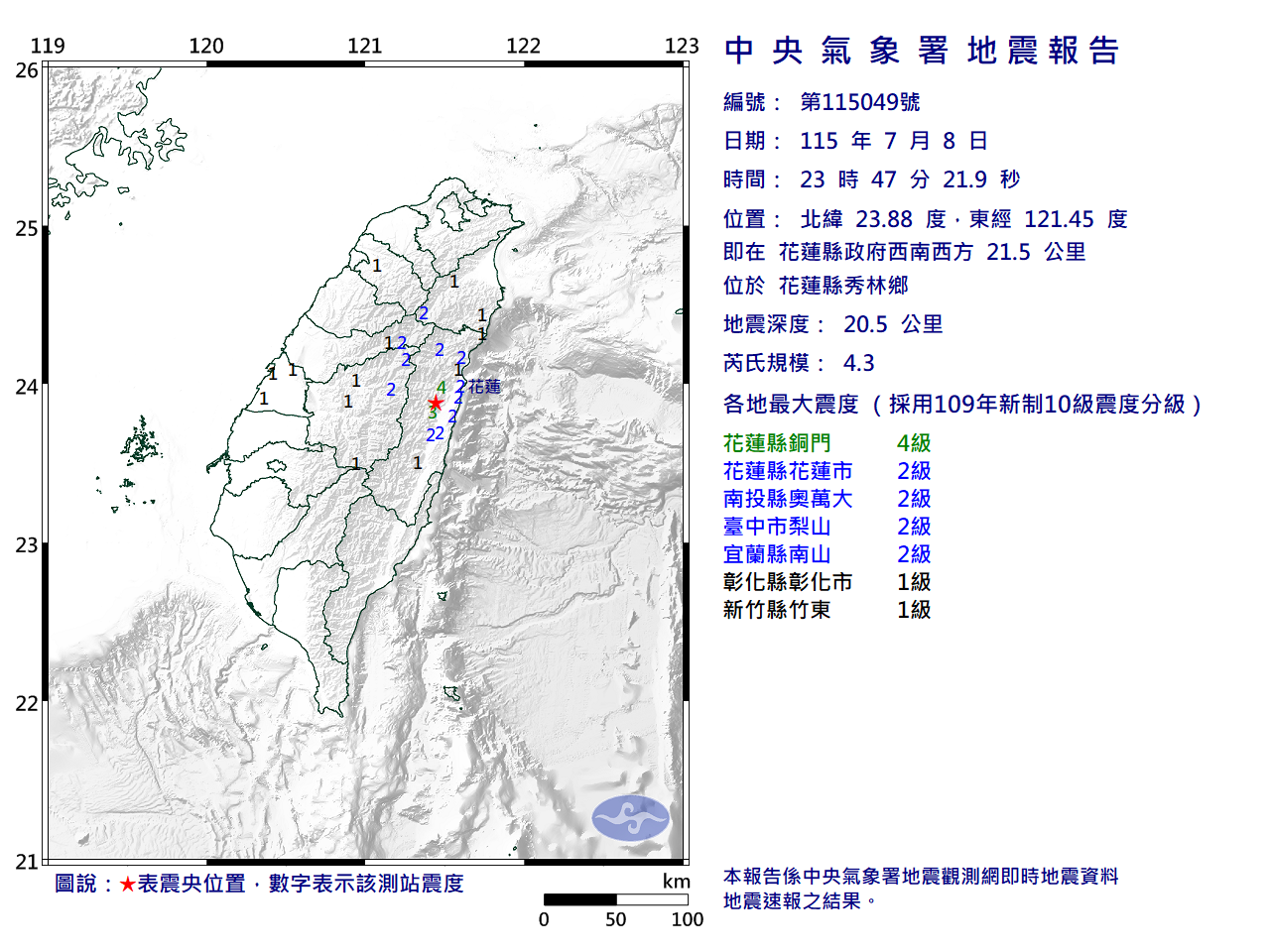 快訊》23:47花蓮縣秀林鄉發生規模4.3有感地震 最大震度花蓮縣銅門4級