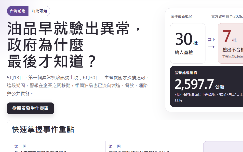 一站看完致癌油事件與漏洞 台灣前進上架「油此可知」專區