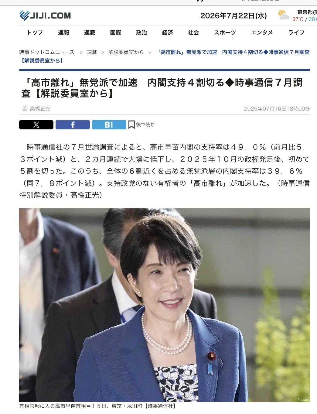  各媒體民調顯示高市內閣支持率暴跌，尤其無黨派支持率從六成跌到四成以下。 圖：攝自時事通訊社官網 