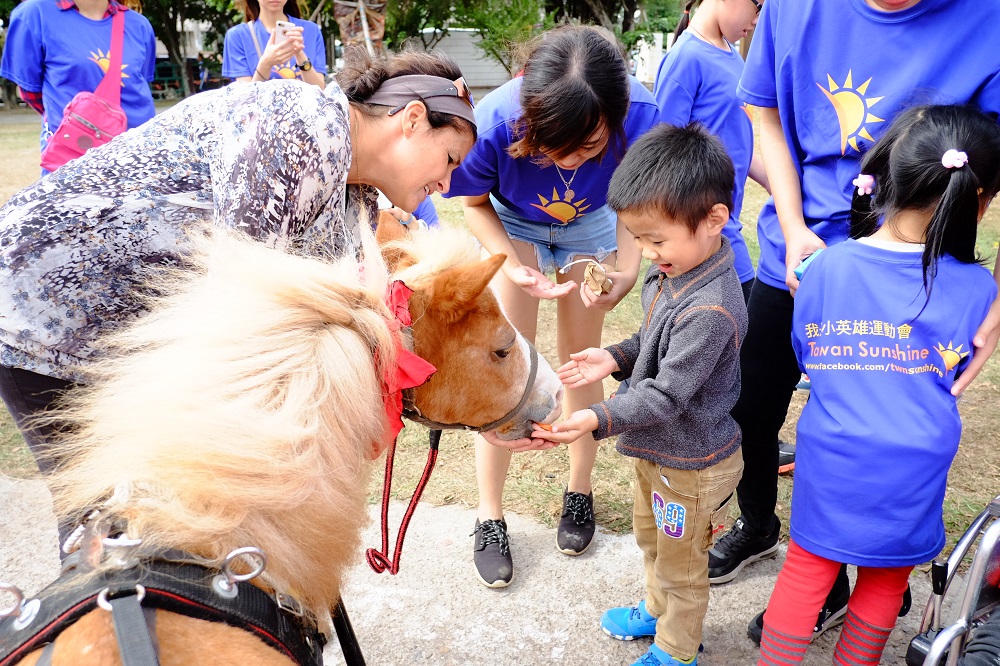 小英雄與長輩和迷你治療馬互動。   圖：仁馨樂活園區/提供