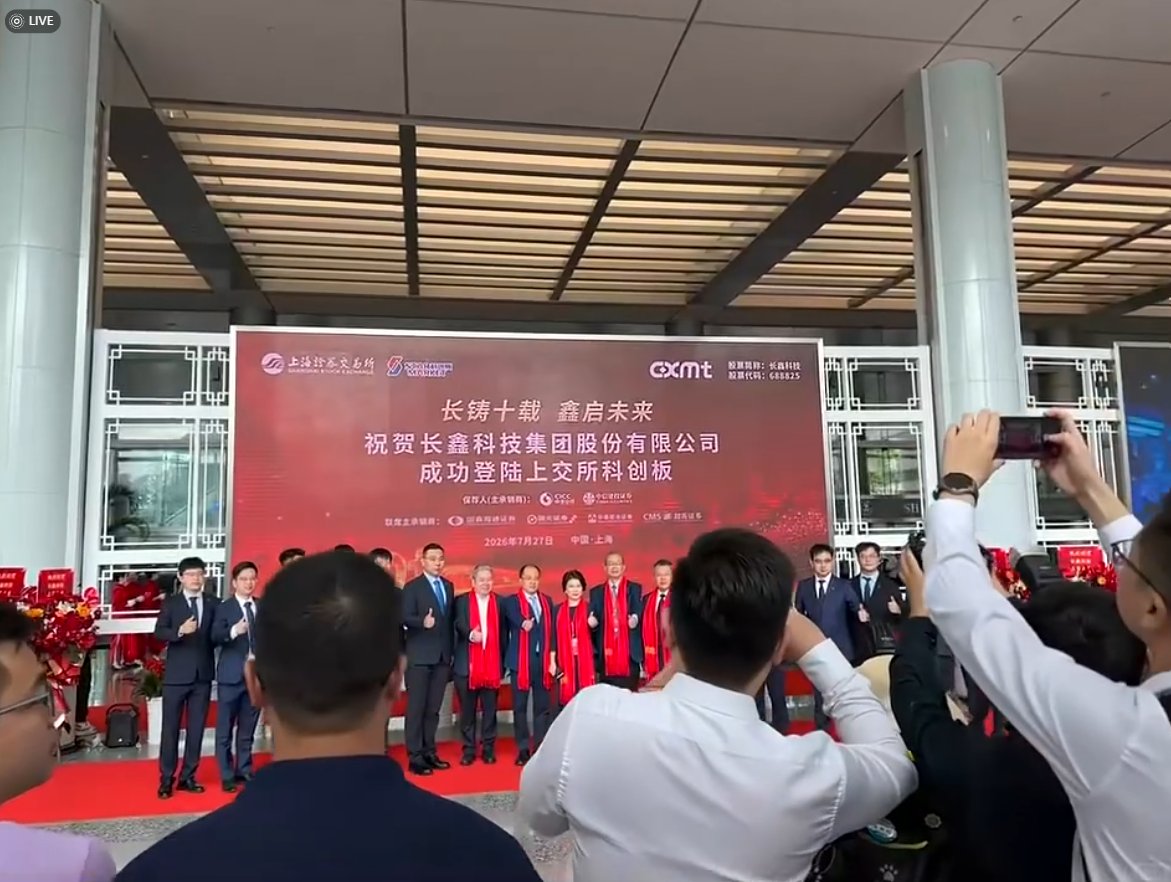  中國記憶體晶片大廠長鑫科技（688825.SH）27 日正式在上海證券交易所科創板掛牌上市，首日股價大漲逾 4.6 倍，收盤報每股49 元人民幣，較發行價上漲 465.82%，盤中最高一度來到 55.03 元。 圖：翻攝自 X Chong Wei 韋沖 