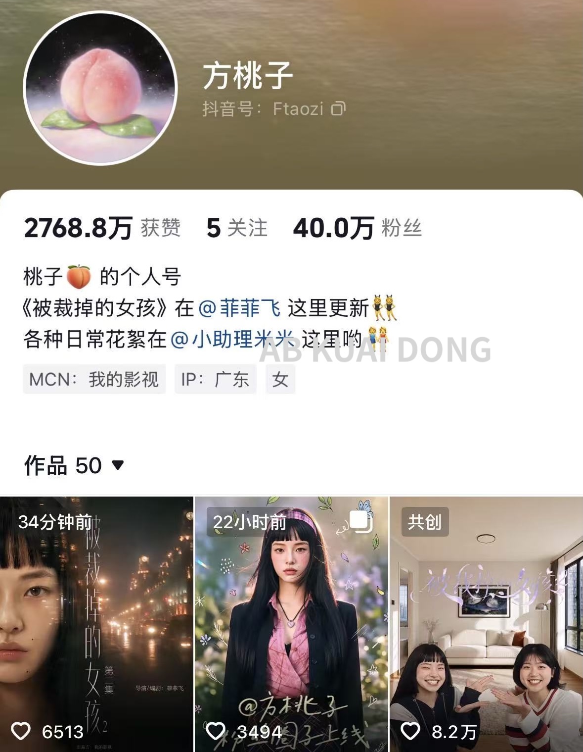  方桃子自成立帳號約一個月後，粉絲數便突破 40 萬。 圖：翻攝自 X AB Kuai.Dong 
