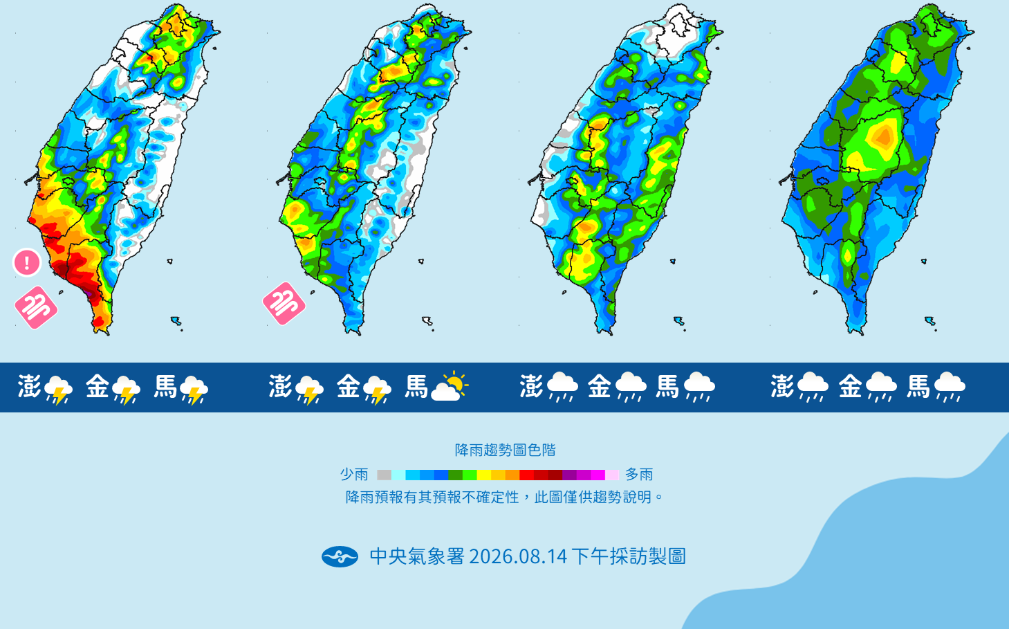 明天雨更大!「西南風+低壓帶」接力襲台 未來一週降雨趨勢一圖看