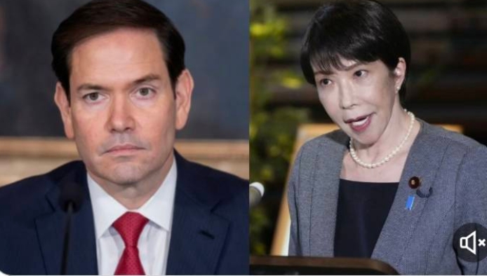  美國國務卿盧比歐(左)宣布制裁國際刑事法庭院長赤根智子，日本首相高市早苗稱深感遺憾。 圖 : 翻攝自 X / InfoGram 