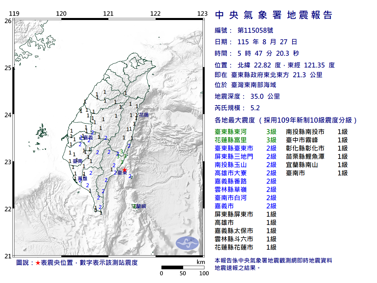 快訊》05:47臺灣東南部海域發生規模5.2有感地震 最大震度臺東縣東河、花蓮縣富里3級
