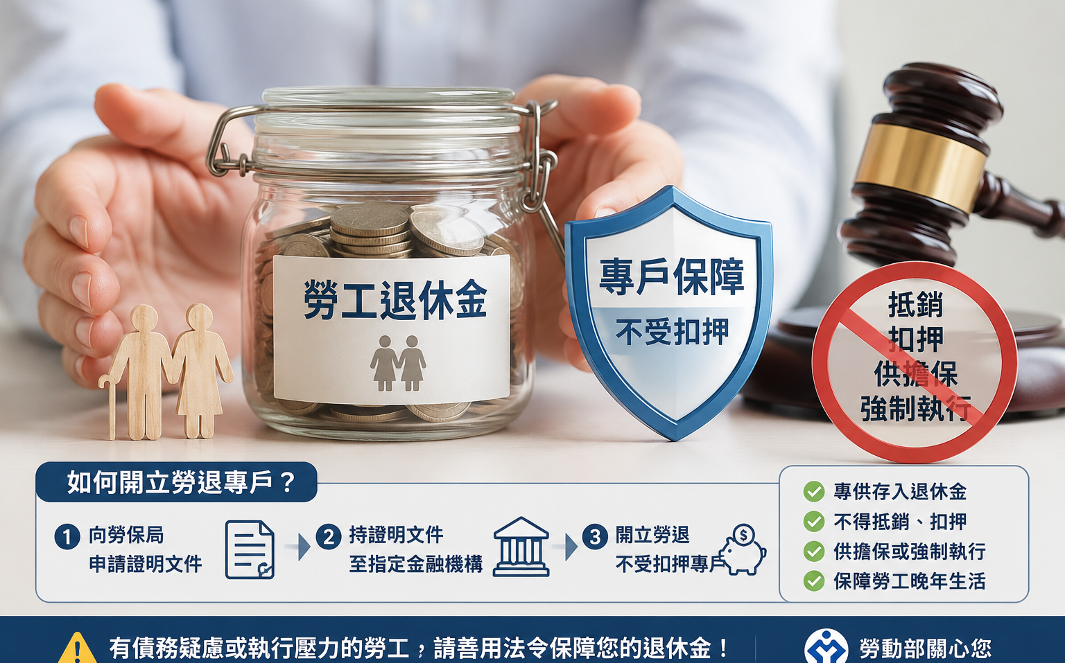 怕退休金被扣押?勞動部提醒先開「勞退專戶」 債務人也能保住老本