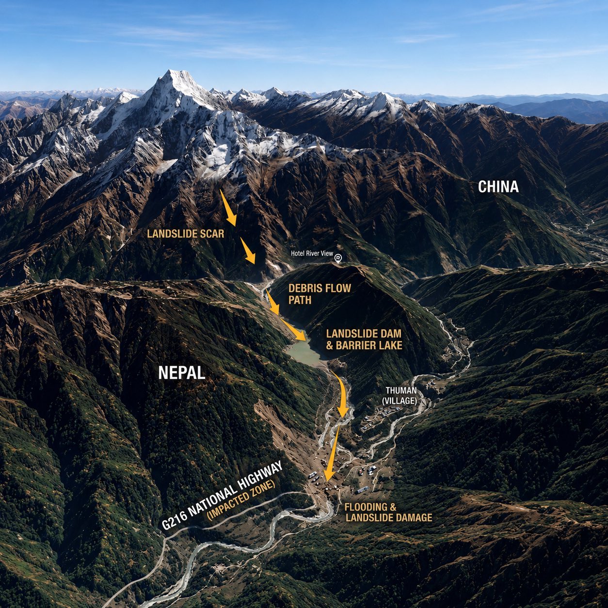  土石流發生主因疑似為喜馬拉雅山脈的冰川崩塌，大量土石堵塞河道導致壩體潰堤，洪水向下游狂瀉。 圖:翻攝自 X @WeatherMonitors 