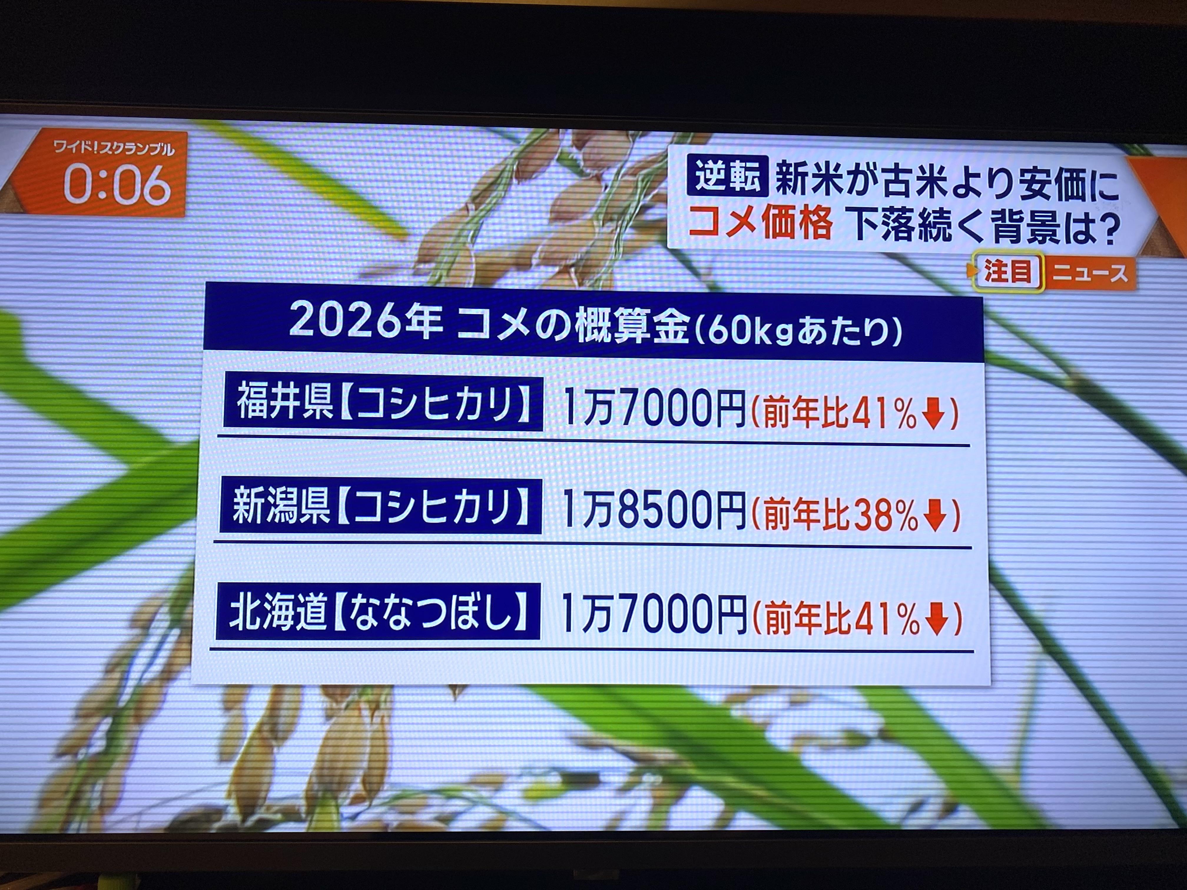  日本今年新米收購價大概掉了四成，因此造成新米價格比古米便宜的逆轉怪象。 圖：攝自朝日電視 