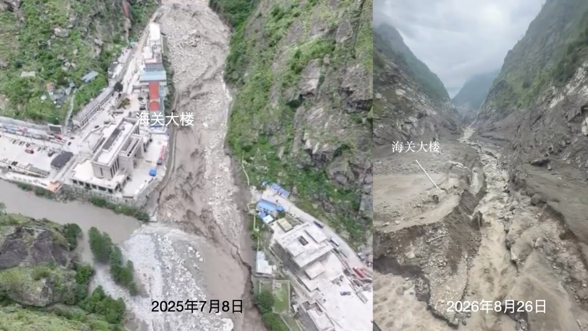  受到洪水引發的土石流影響，中國吉隆海關的海關建築在去年時曾遭到沖毀。 圖：翻攝自 @whyyoutouzhele X 帳號 