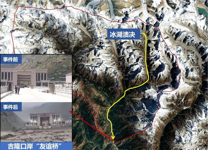  有網友指出，在洪水、土石流抵達尼泊爾下游村莊的 45 分鐘前，中國方面就已經收到西藏發生災害的消息，但卻並未立即通知鄰國，導致受災範圍進一步擴大。 圖：翻攝自 @whyyoutouzhele X 帳號 