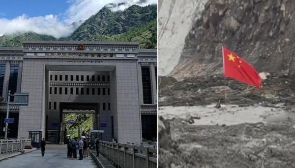  曾經的吉隆口岸海關大樓遭土石全部掩埋，如今只剩一根中國國旗插在上方。 圖 : 翻攝自騰訊網 