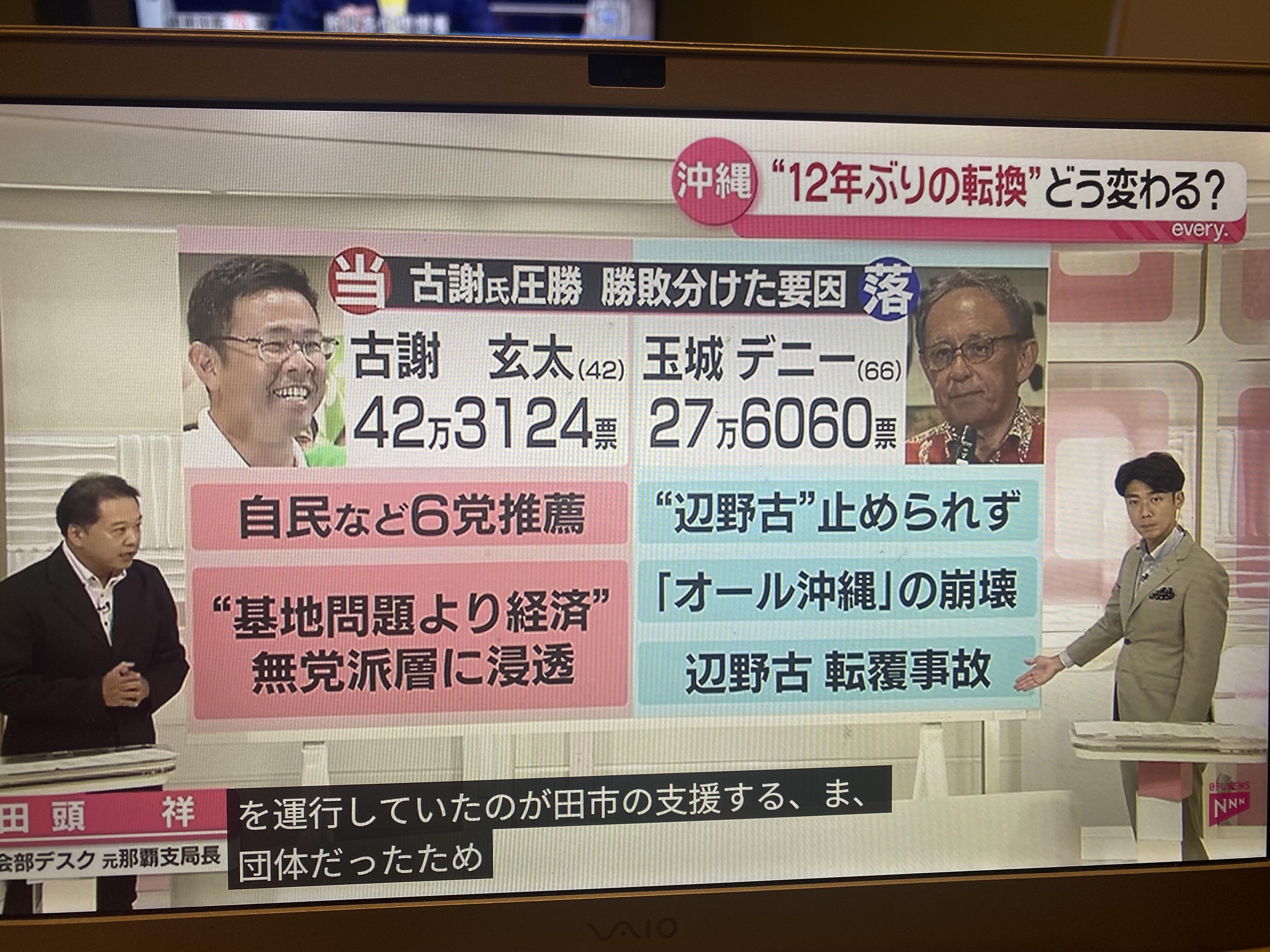  古謝大勝與玉城大敗原因非常明顯，古謝是高市自民等六黨共同推薦聲援，而且人心求變，關心經濟甚於基地問題。 圖：攝自NTV 